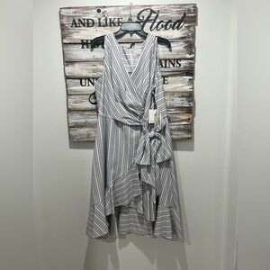 Calvin Klein Asymmetrical Striped Gray and White Dress